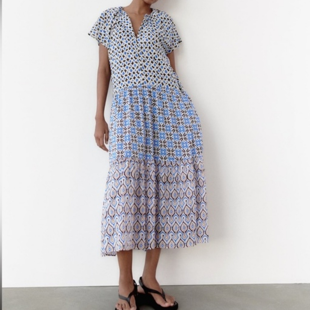 Zara Stylish Blue and Brown Boho Patterned Tiered Cotton Maxi Dress Large
